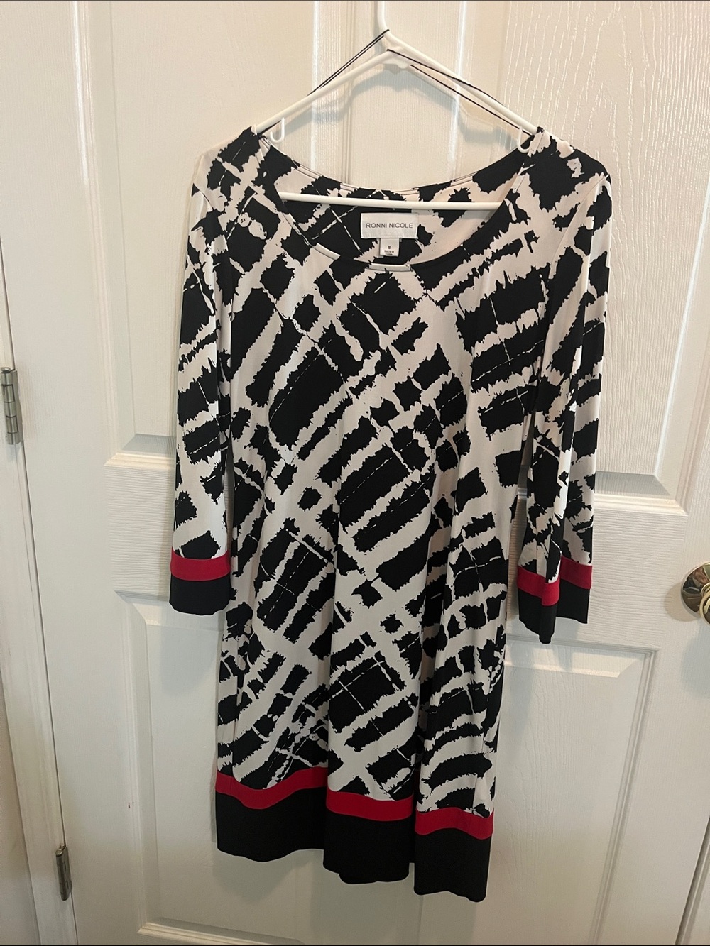 Ronni Nicole Black & White Abstract Print Dress with Red Accents